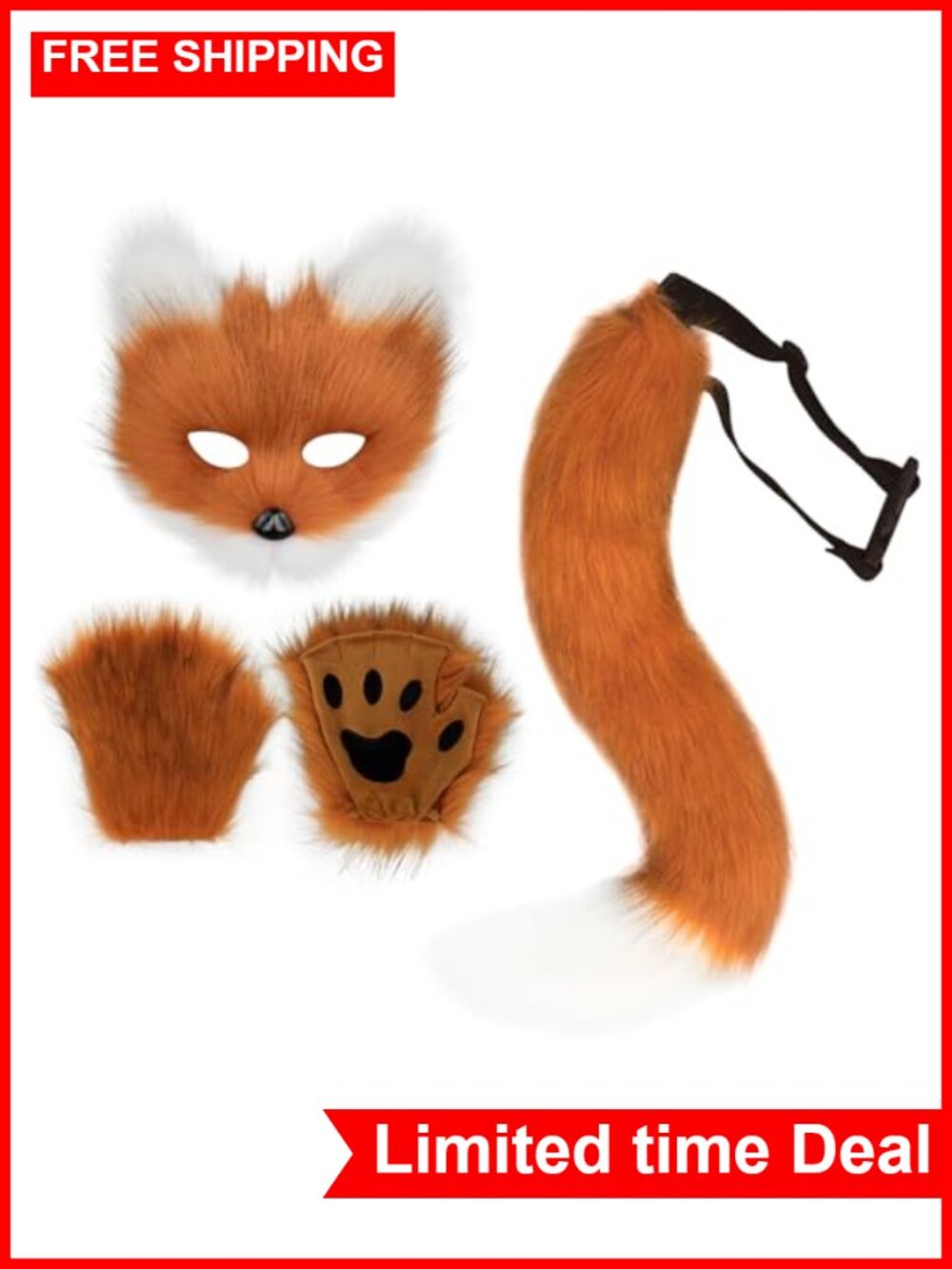 Faux Fur Fox Tail Cat Wolf Set Plush Mask Paw Gloves Halloween Costume